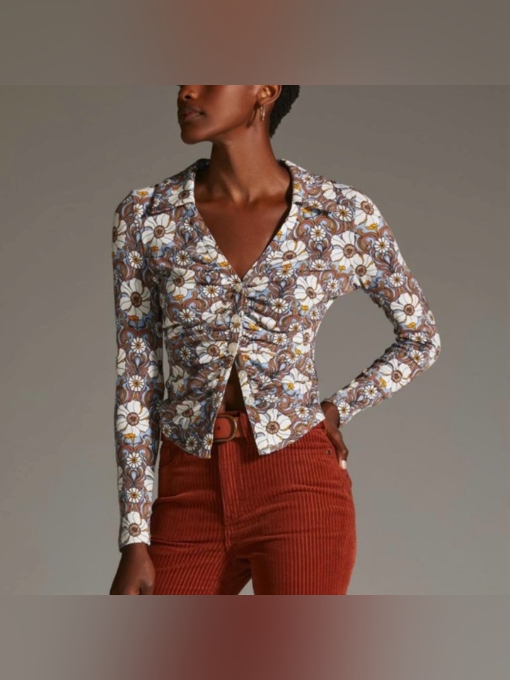 Anthropologie Maeve Ruched Floral Button-up Longsleeve Top Small